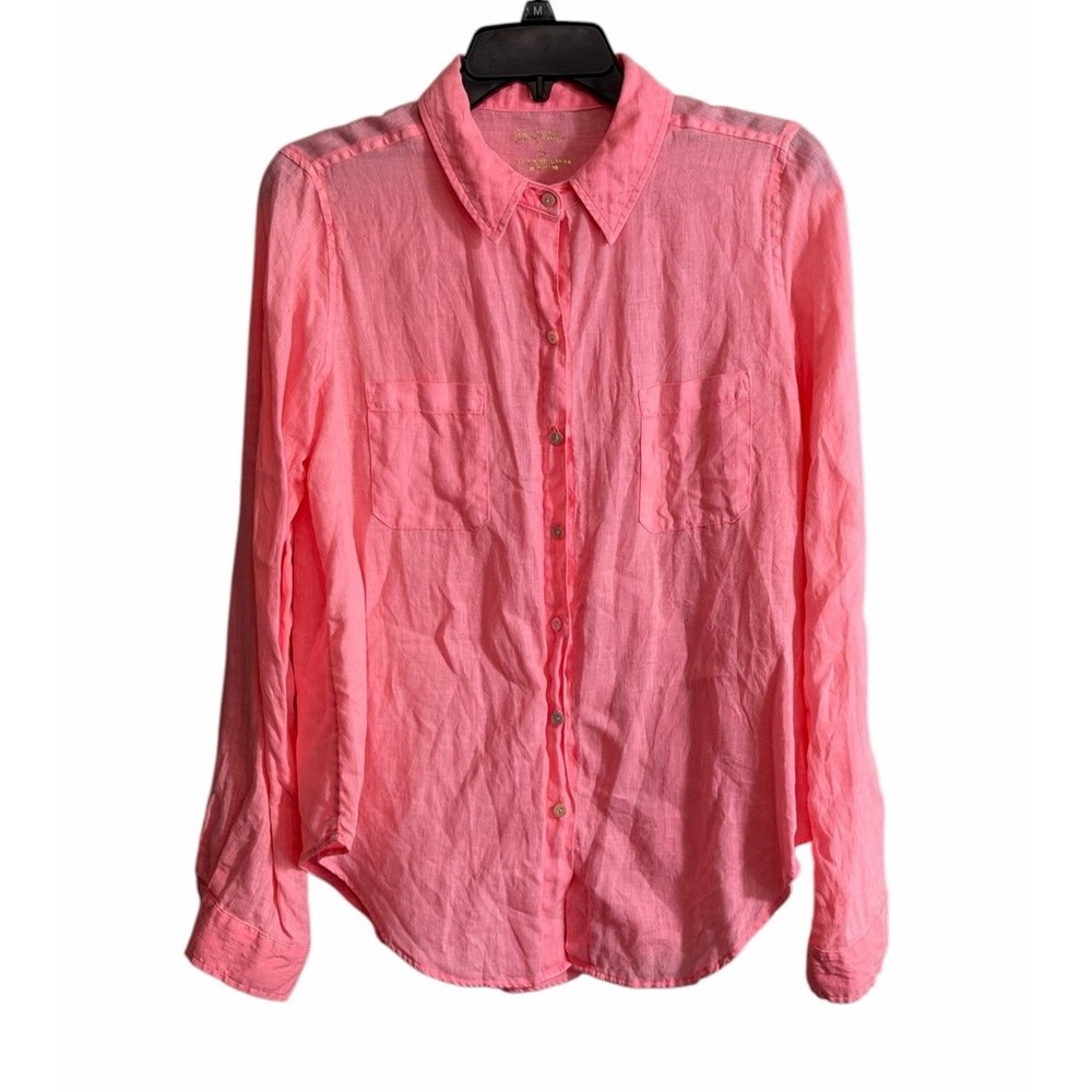 Lilly Pulitzer Small 100% Linen Shirt Button Down Bright Pink Long Sleeve